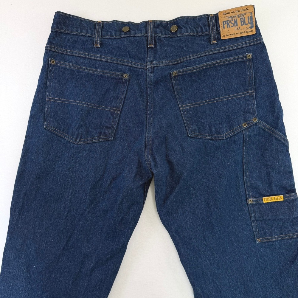 Prison Blues Mens Blue Denim Work Jeans Suspender Buttons Carpenter USA 37x27